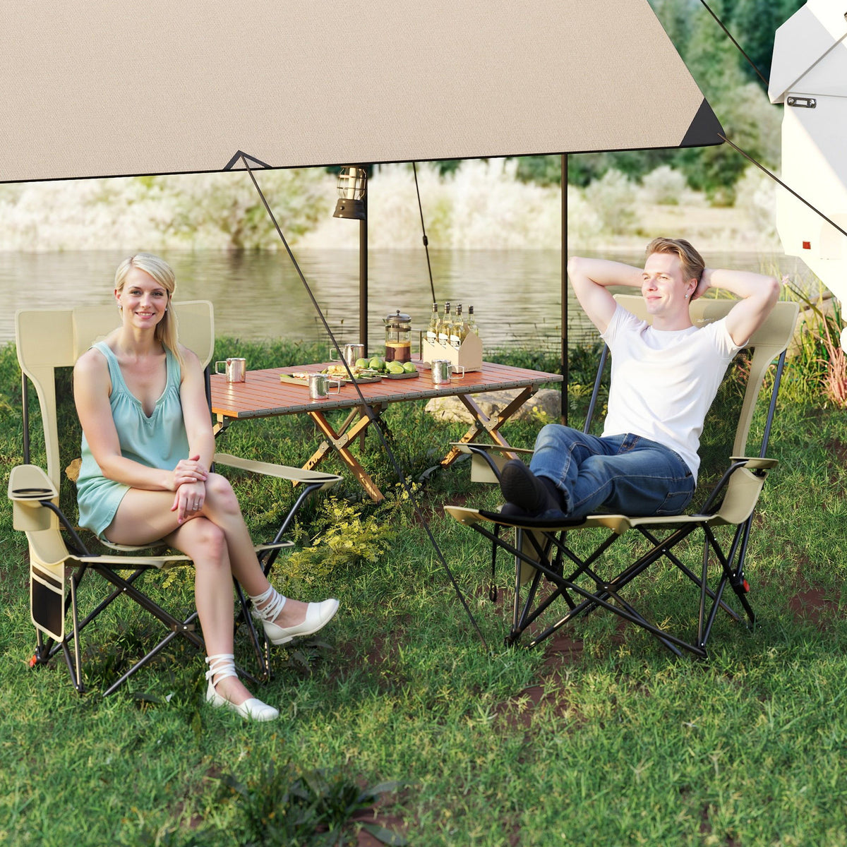 Reclining Camping Chair, Removable Footrest, Adjustable Backrest, Green Outdoor at Gallery Canada