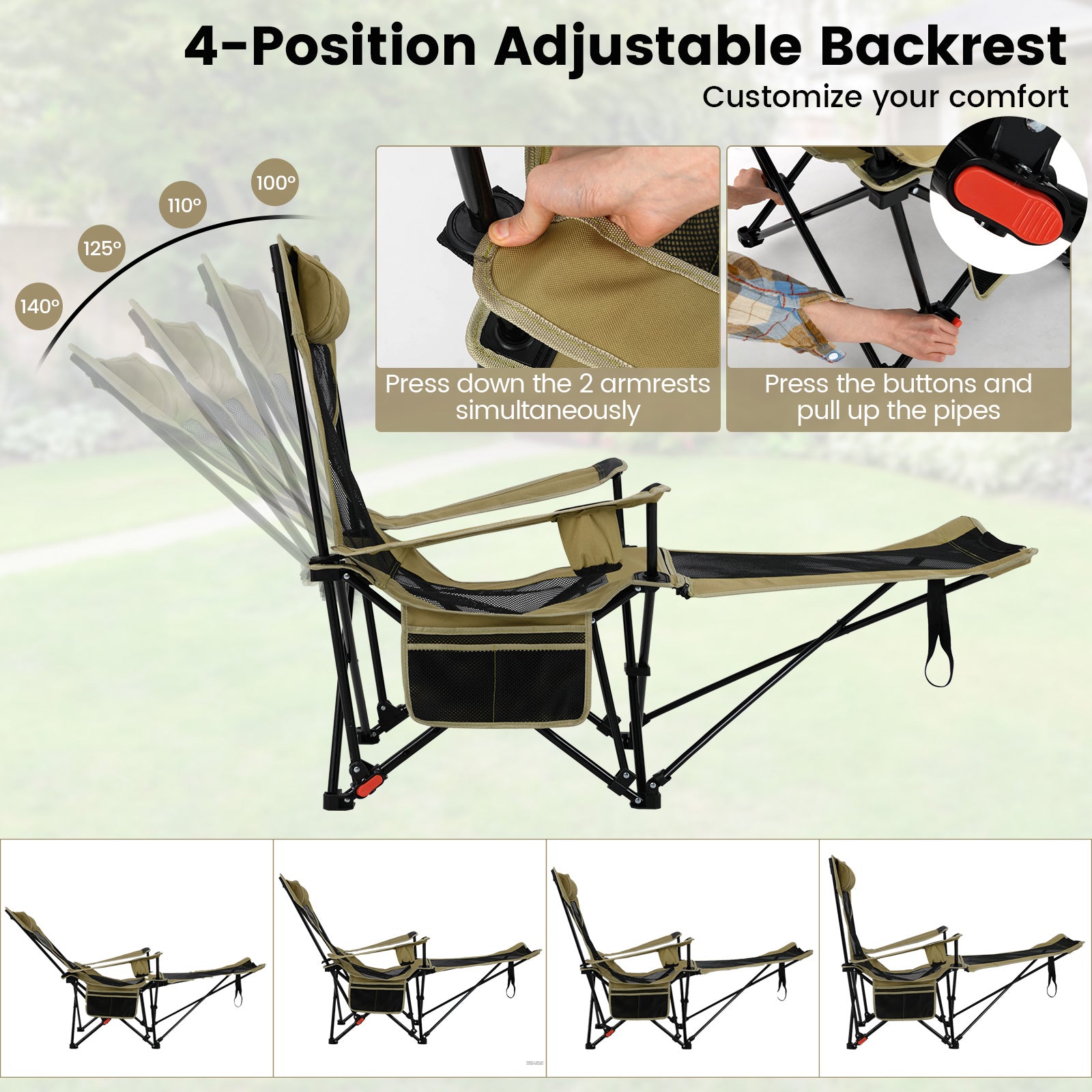Reclining Camping Chair, Removable Footrest, Adjustable Backrest, Green Outdoor at Gallery Canada