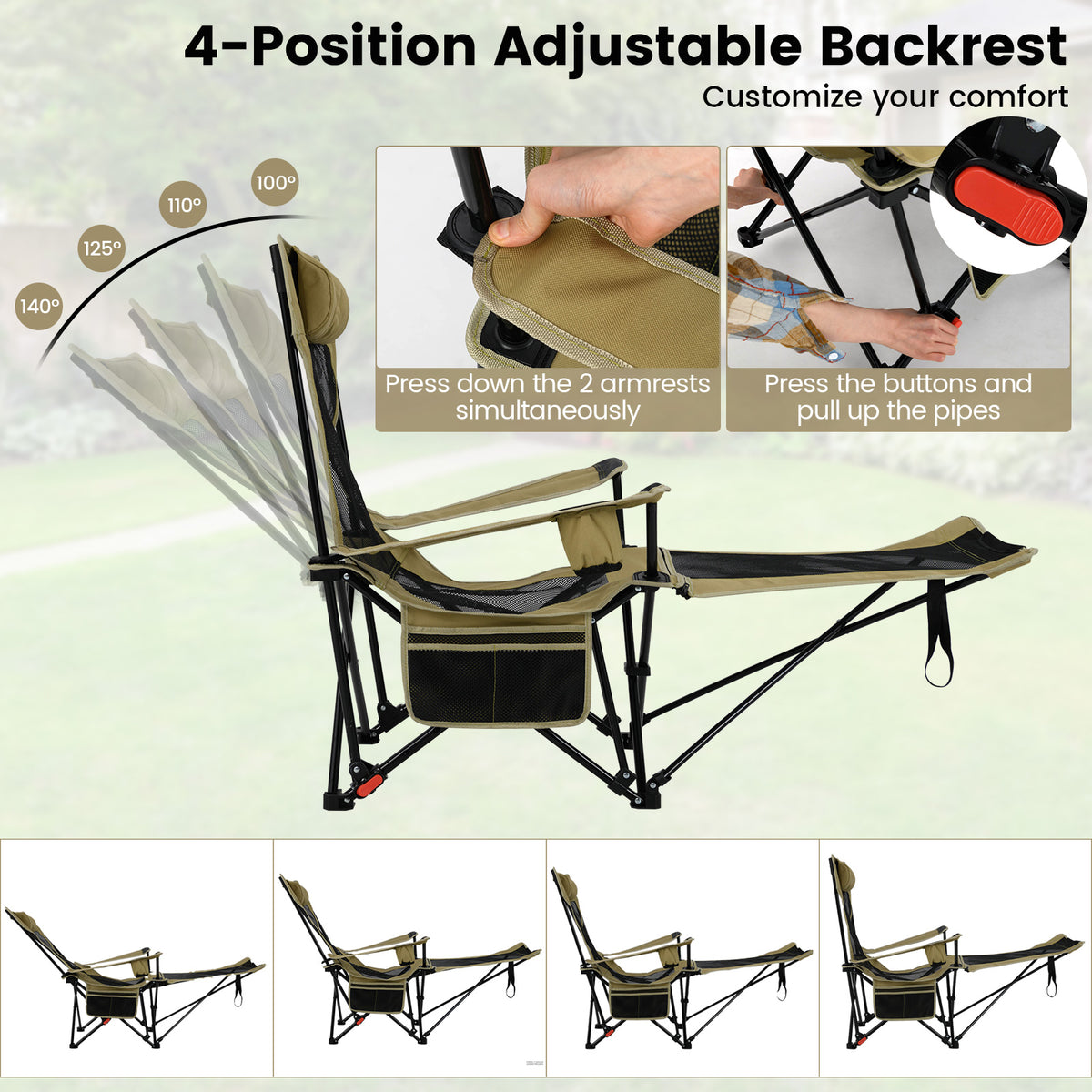 Reclining Camping Chair, Removable Footrest, Adjustable Backrest, Green Outdoor at Gallery Canada