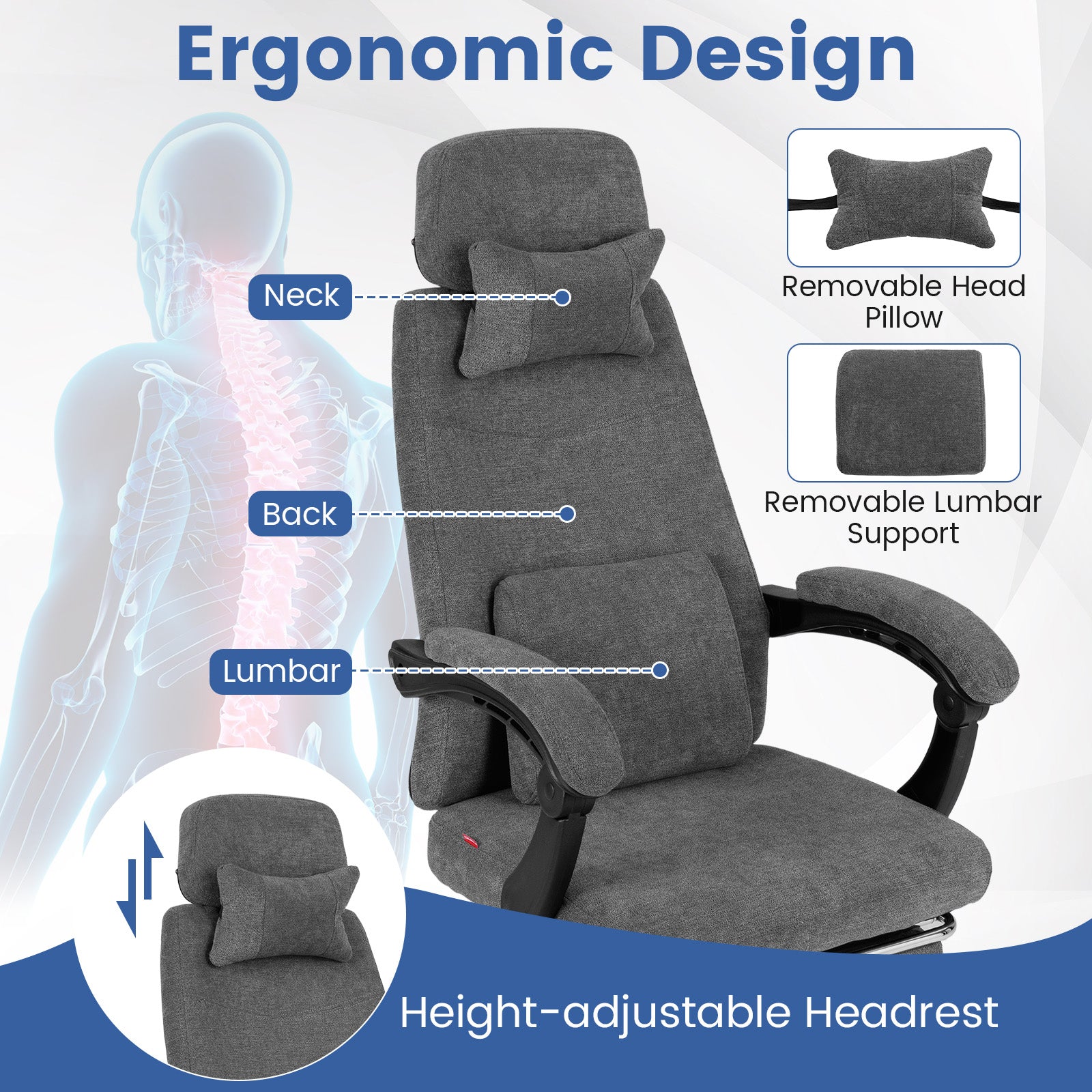 Reclining Office Chair, Chenille Fabric, Gray Ergonomic Chairs at Gallery Canada