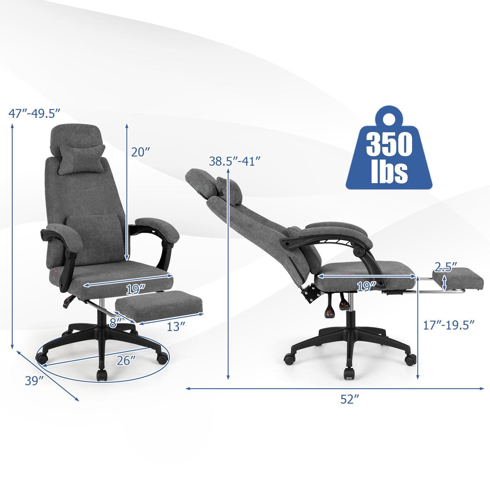 Reclining Office Chair, Chenille Fabric, Gray Ergonomic Chairs at Gallery Canada