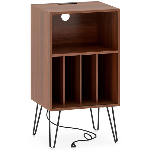 Record Player Stand With Charging Station, Vinyl Storage, Walnut