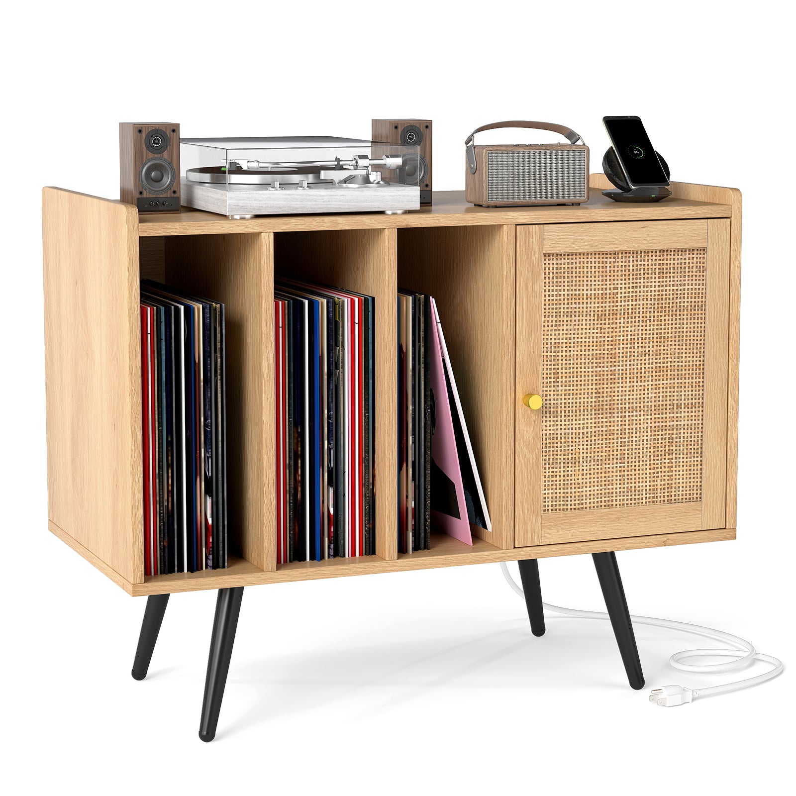 Record Player Stand With Charging Station, Rattan Cabinet, Natural End & Side Tables Natural at Gallery Canada