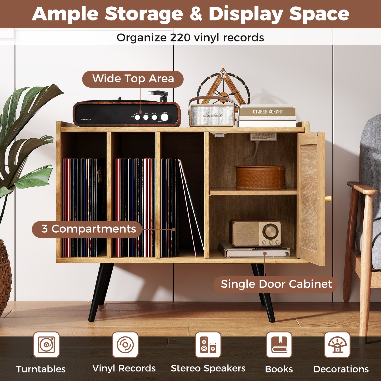 Record Player Stand With Charging Station, Rattan Cabinet, Natural End & Side Tables at Gallery Canada