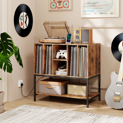 Record Player Stand With Charging Station, Metal Frame, Rustic Brown