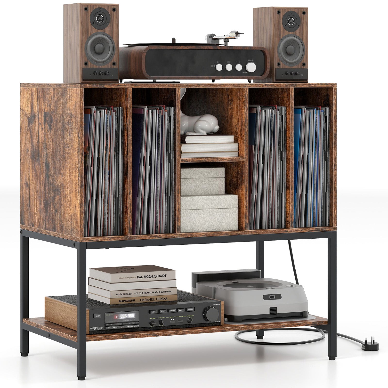 Record Player Stand With Charging Station, Metal Frame, Rustic Brown End & Side Tables Rustic Brown at Gallery Canada
