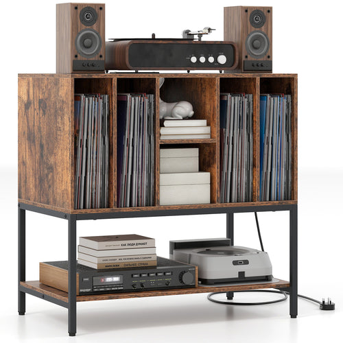 Record Player Stand With Charging Station, Metal Frame, Rustic Brown