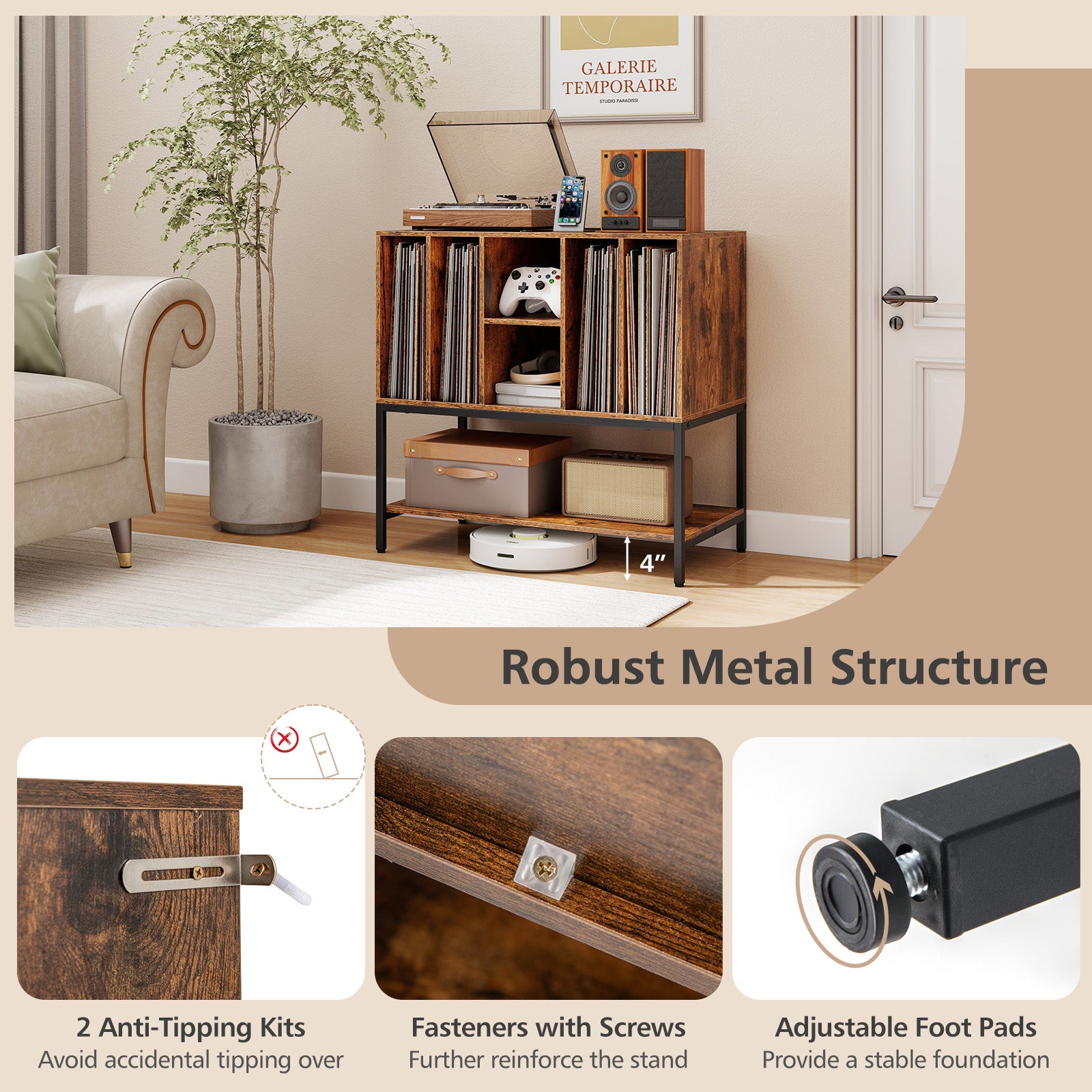 Record Player Stand With Charging Station, Metal Frame, Rustic Brown End & Side Tables at Gallery Canada