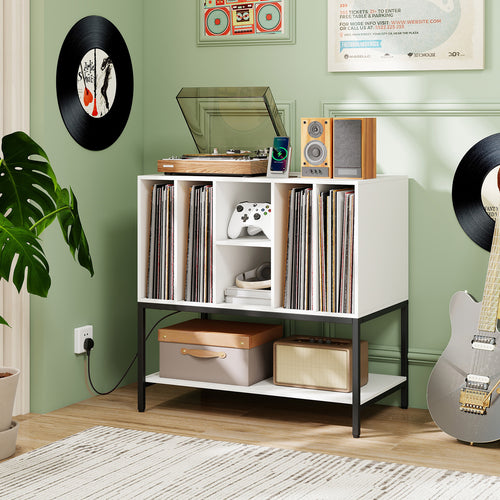 Record Player Stand With Charging Station, Metal Frame, White