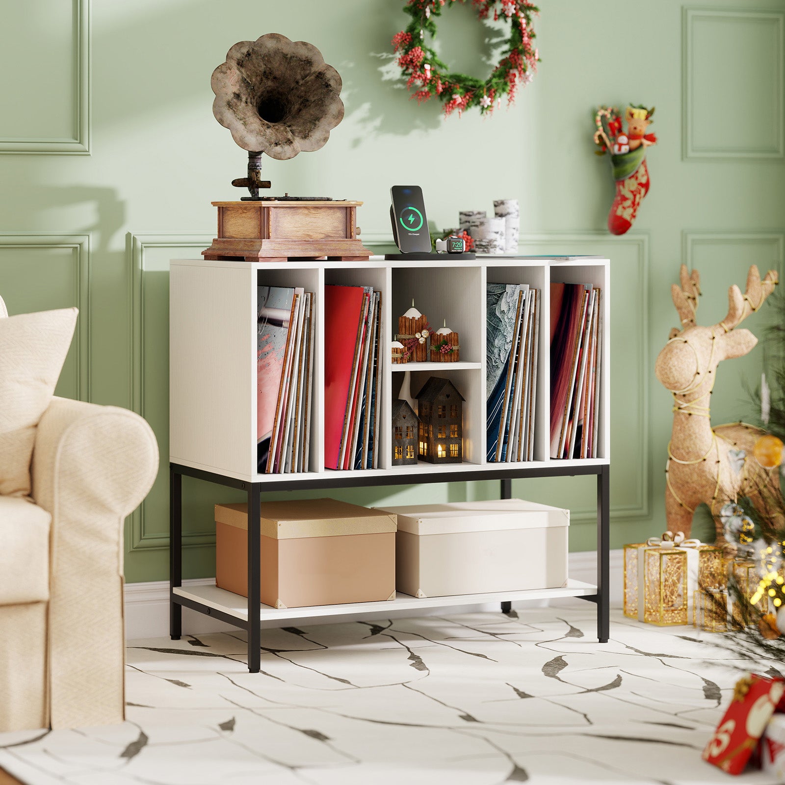 Record Player Stand With Charging Station, Metal Frame, White End & Side Tables at Gallery Canada
