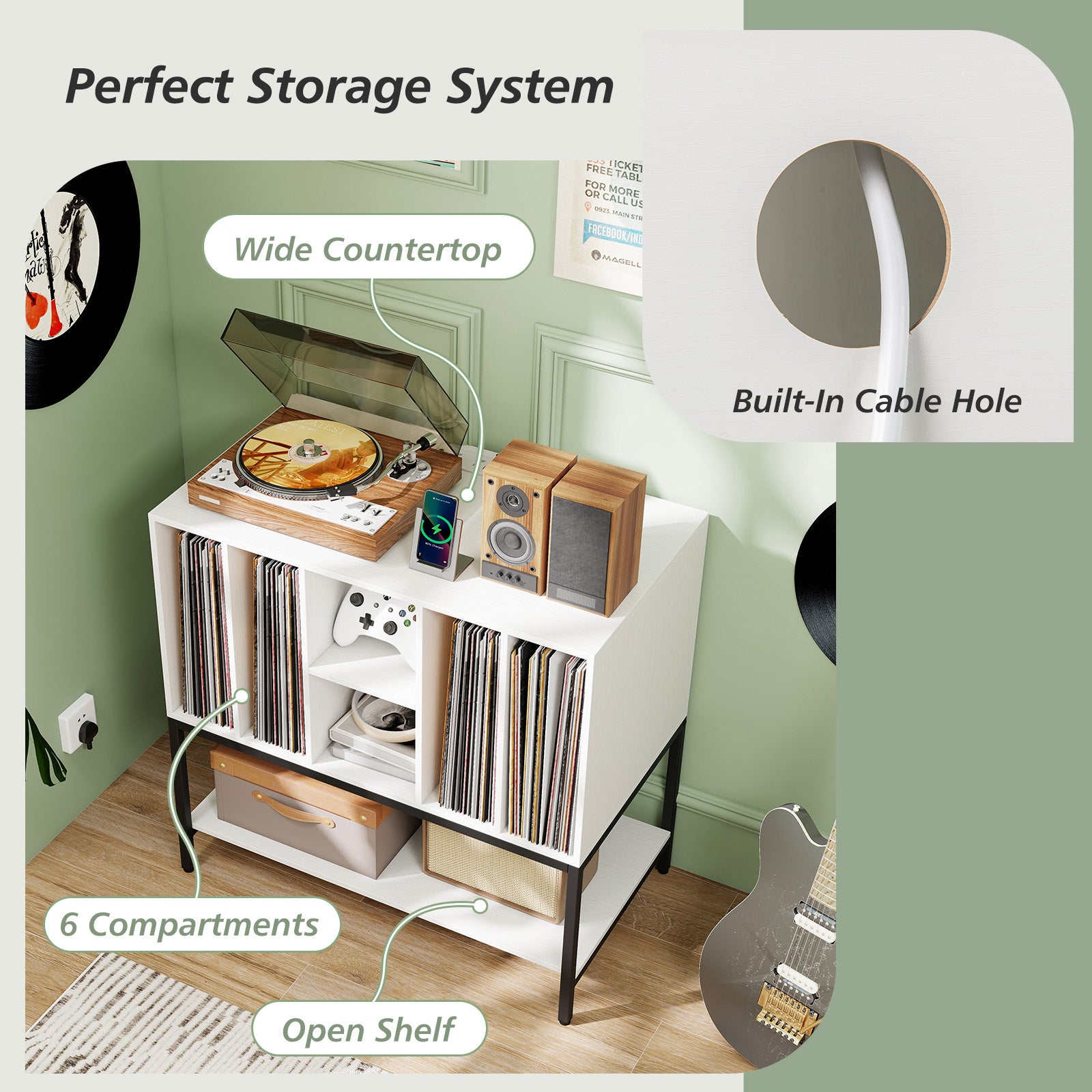 Record Player Stand With Charging Station, Metal Frame, White End & Side Tables at Gallery Canada