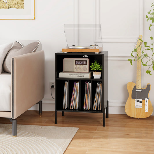 Record Player Stand With Storage Shelf, Charging Station, Black End & Side Tables Black at Gallery Canada