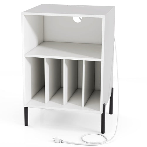 Record Player Stand With Storage Shelf And Charging Station, White