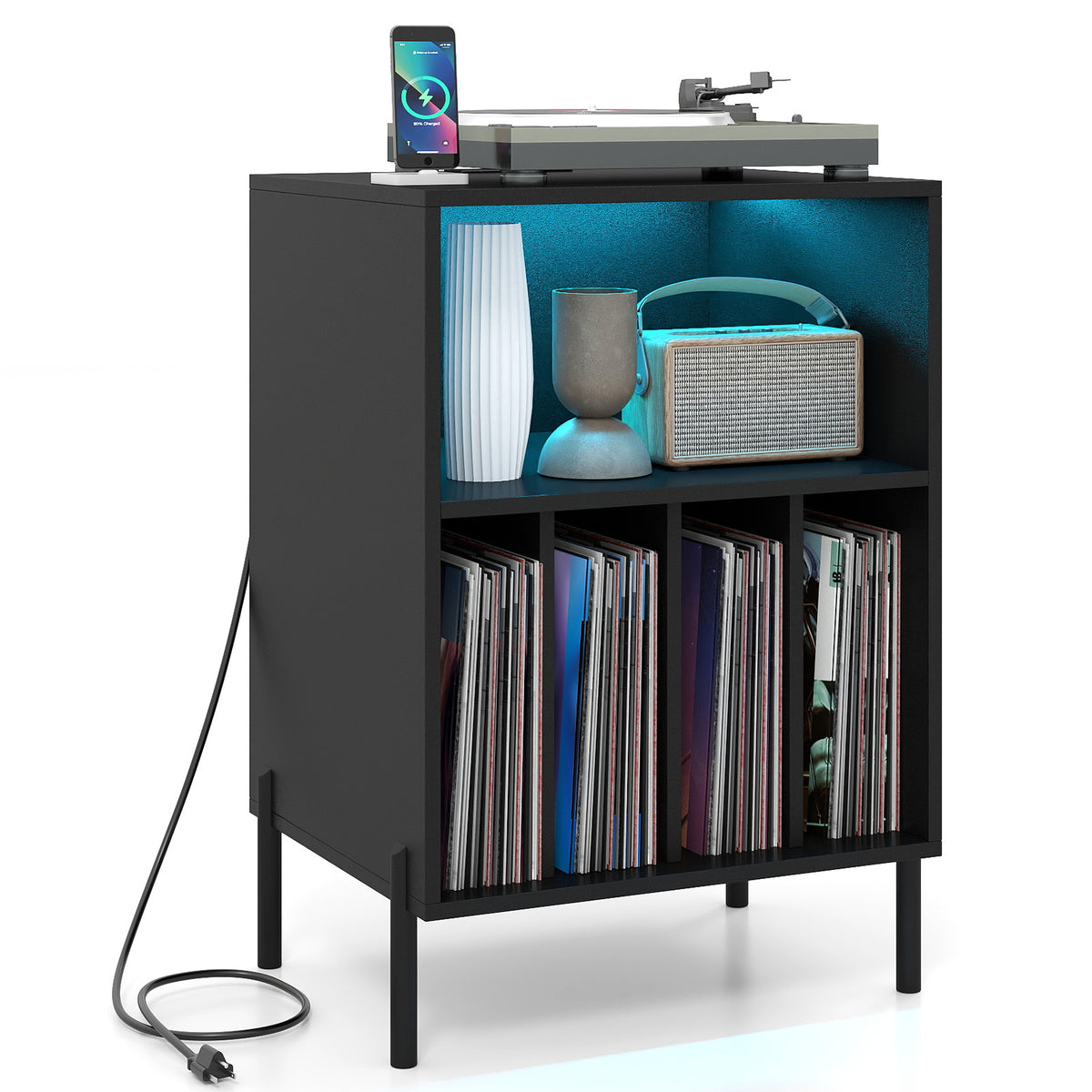 Record Player Stand With LED Light, Charging Station, Black End & Side Tables at Gallery Canada