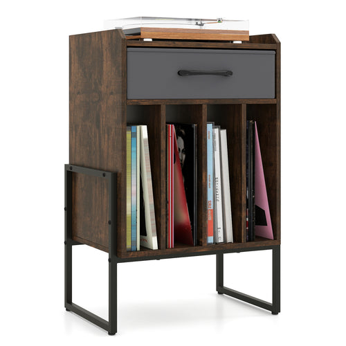 Record Player Stand with Drawer and Record Holder, Rustic Brown