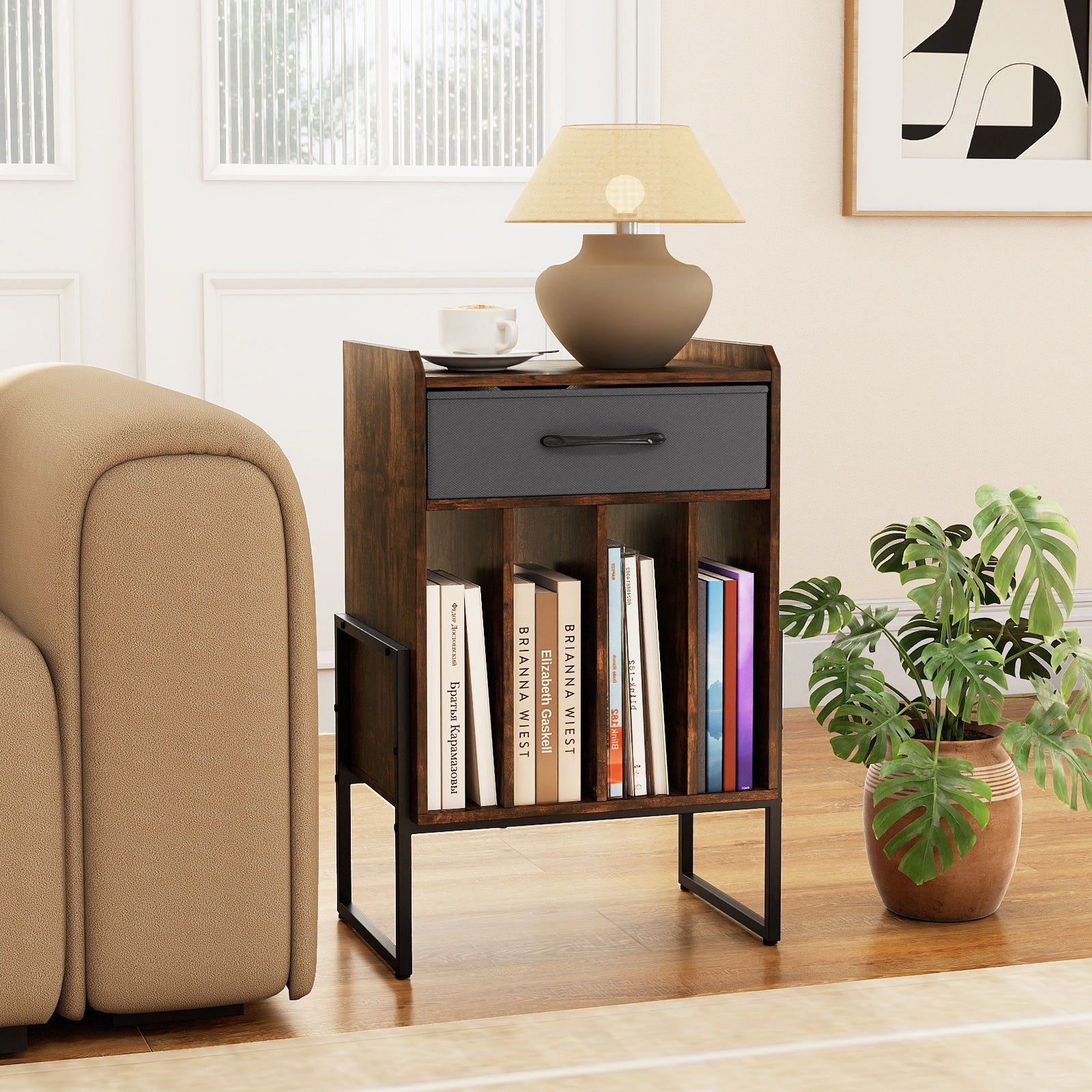 Record Player Stand with Drawer and Record Holder, Rustic Brown End & Side Tables at Gallery Canada
