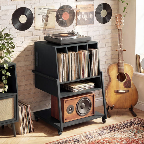 Rolling Record Player Stand with Power Outlets, Black