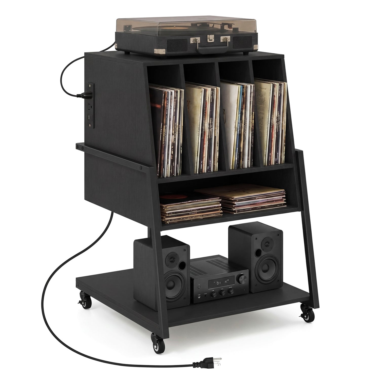 Rolling Record Player Stand with Power Outlets, Black End & Side Tables at Gallery Canada