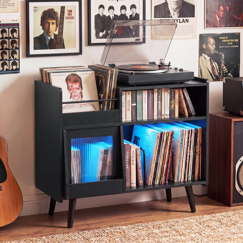 Record Player Stand, With LED Light & Outlets, Black
