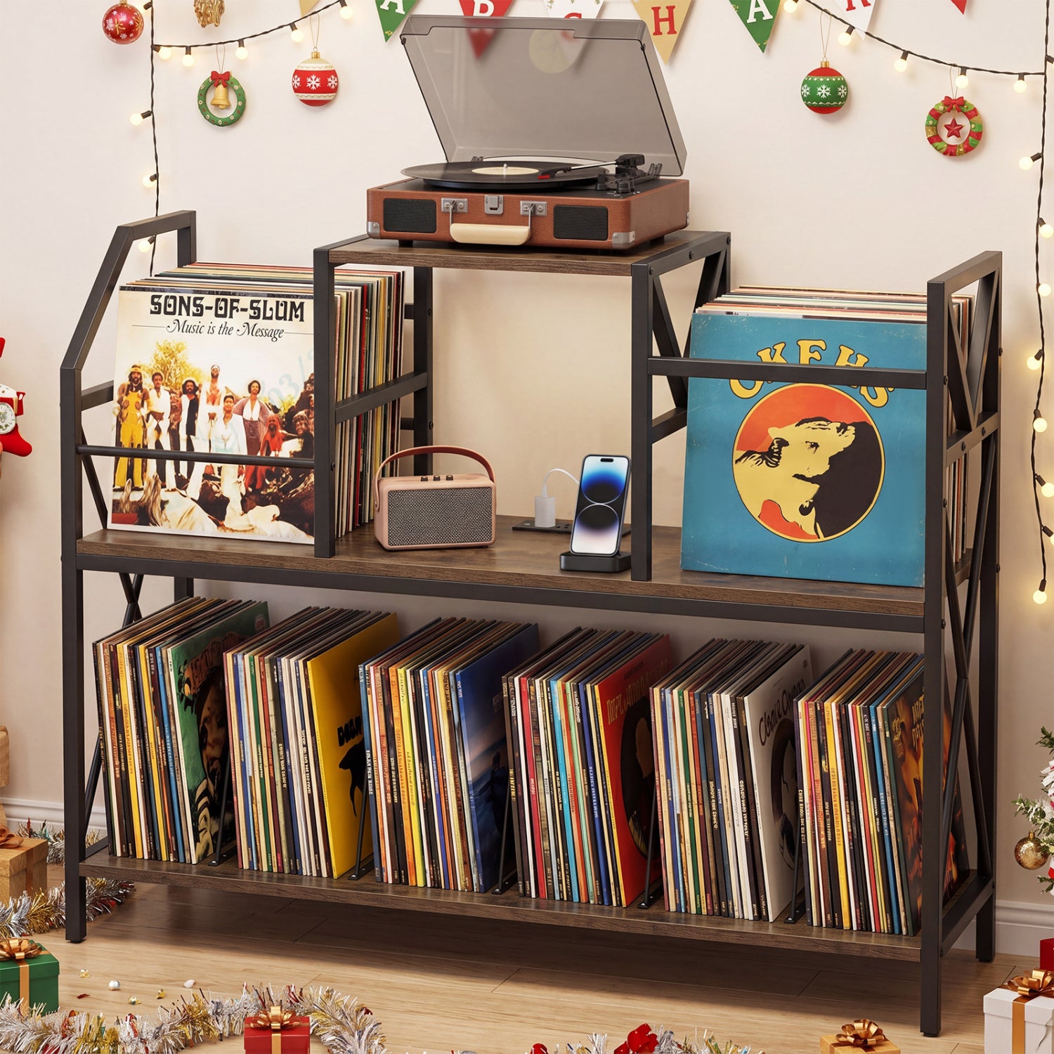 Record Player Stand with Power Outlets and Vinyl Storage and Dividers for Albums, Rustic Brown End & Side Tables at Gallery Canada