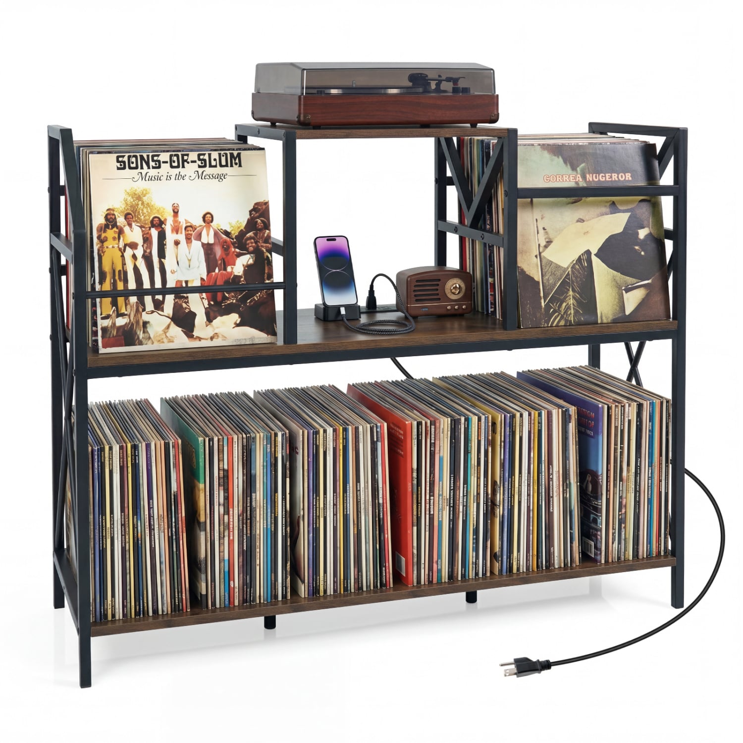 Record Player Stand with Power Outlets and Vinyl Storage and Dividers for Albums, Rustic Brown End & Side Tables at Gallery Canada