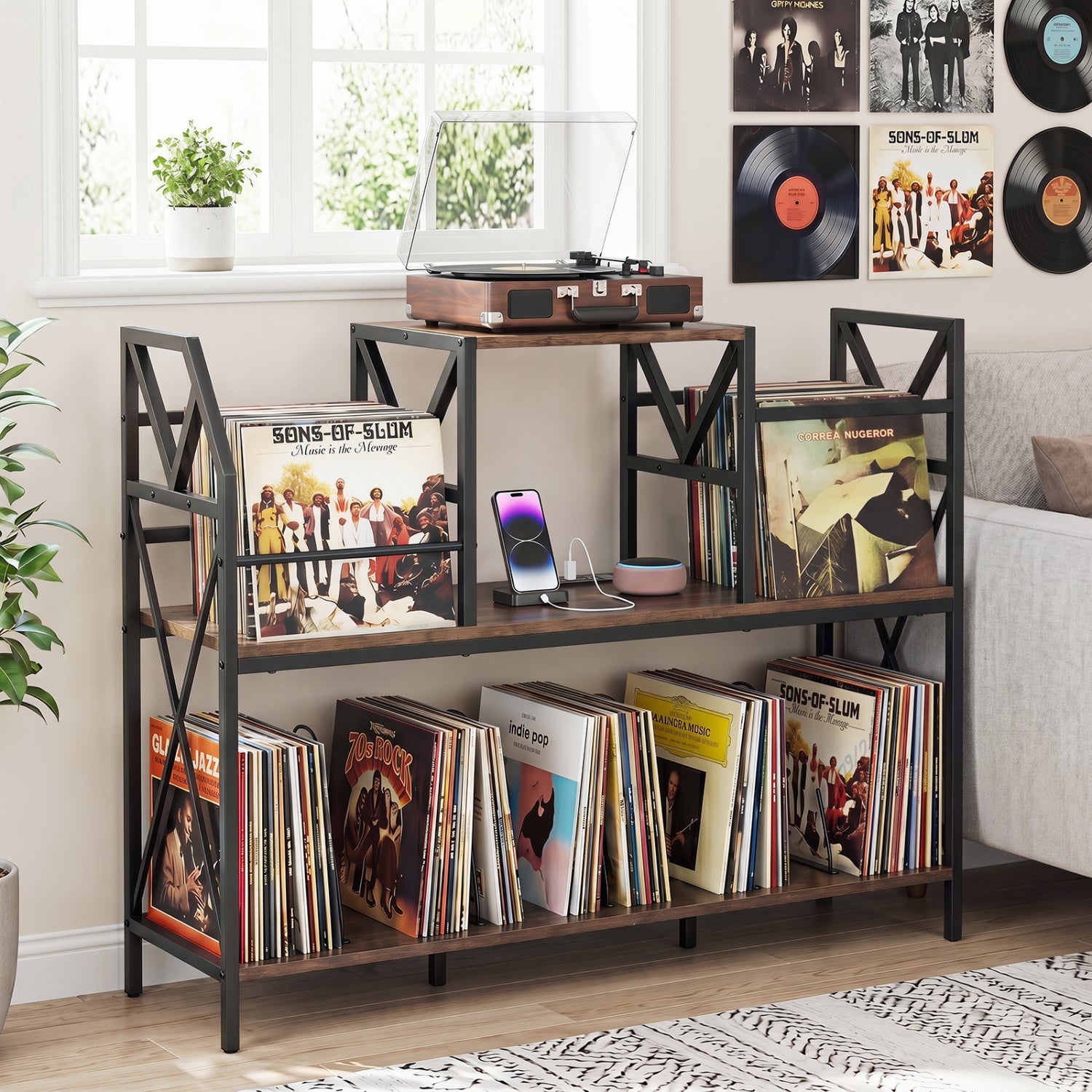 Record Player Stand with Power Outlets and Vinyl Storage and Dividers for Albums, Rustic Brown End & Side Tables at Gallery Canada
