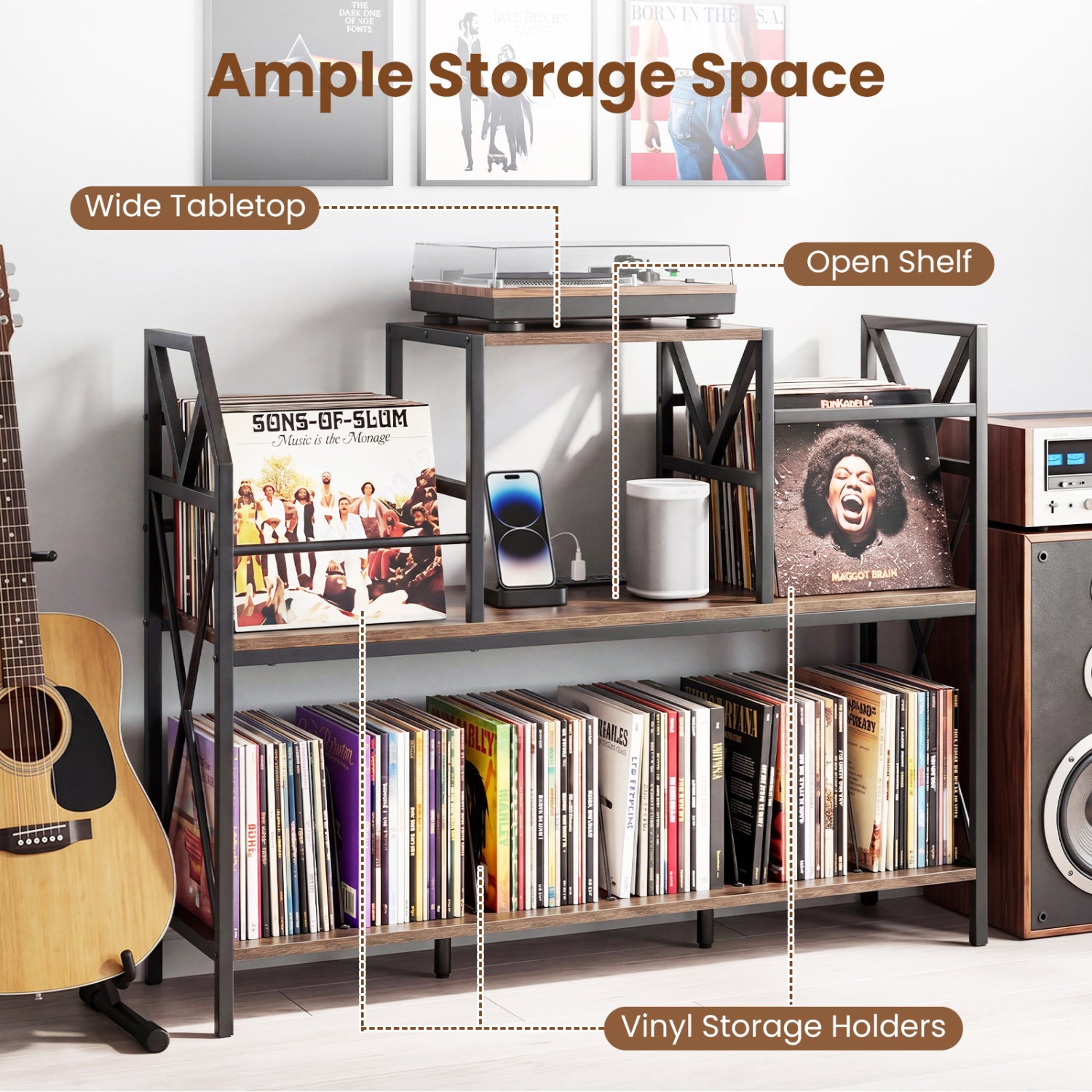 Record Player Stand with Power Outlets and Vinyl Storage and Dividers for Albums, Rustic Brown End & Side Tables at Gallery Canada