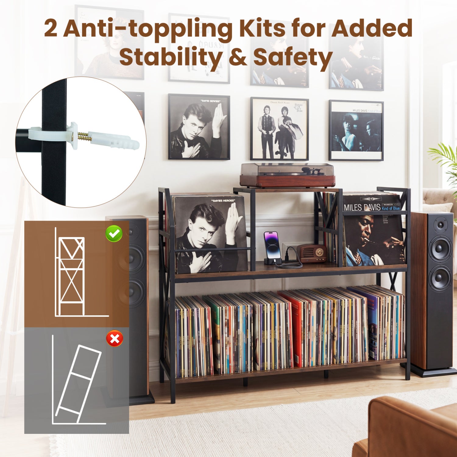 Record Player Stand with Power Outlets and Vinyl Storage and Dividers for Albums, Rustic Brown End & Side Tables at Gallery Canada