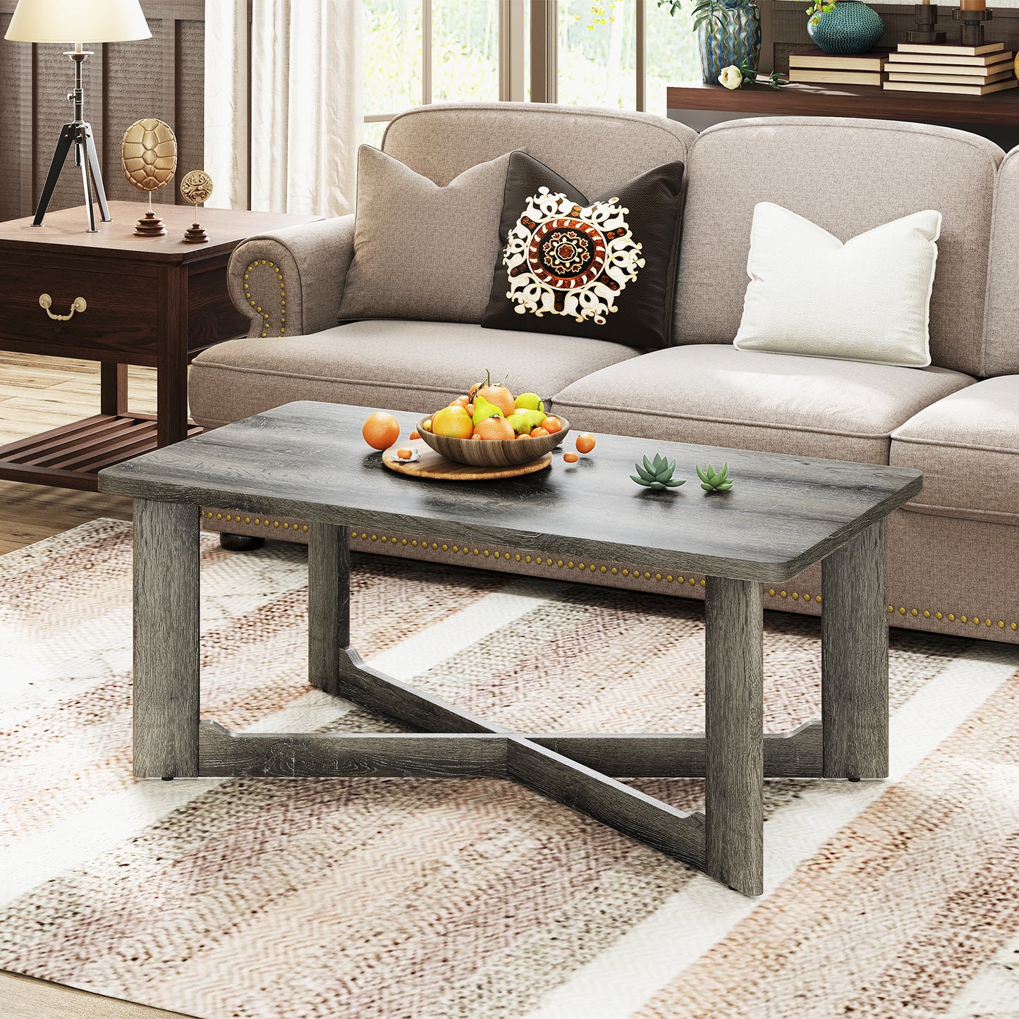 Rectangle Coffee Table, Rubber Wood, X-Shaped Base, Gray Coffee Tables at Gallery Canada