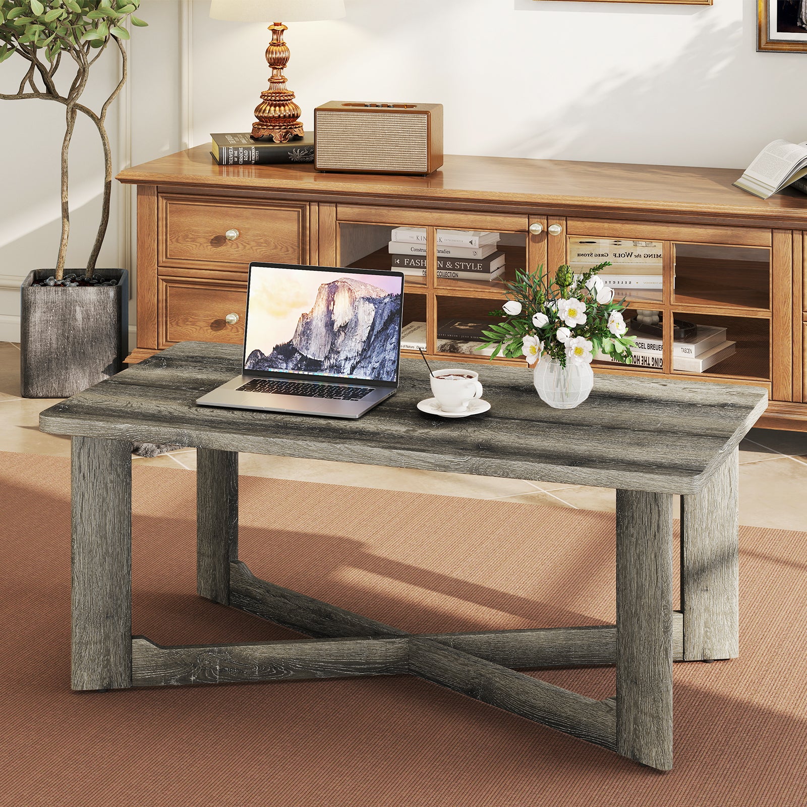 Rectangle Coffee Table, Rubber Wood, X-Shaped Base, Gray Coffee Tables at Gallery Canada