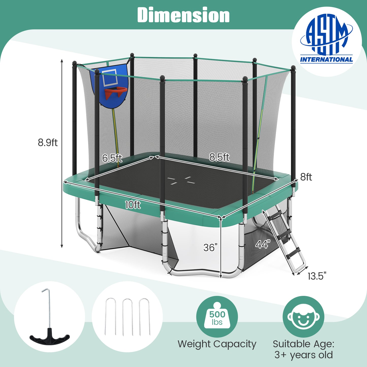 Rectangle Outdoor Trampoline 10 x 8 FT Heavy-Duty Trampoline with Basketball Hoop, Green Trampolines at Gallery Canada