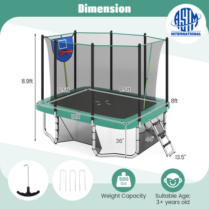 Rectangle Outdoor Trampoline 10 x 8 FT Heavy-Duty Trampoline with Basketball Hoop, Green Trampolines at Gallery Canada