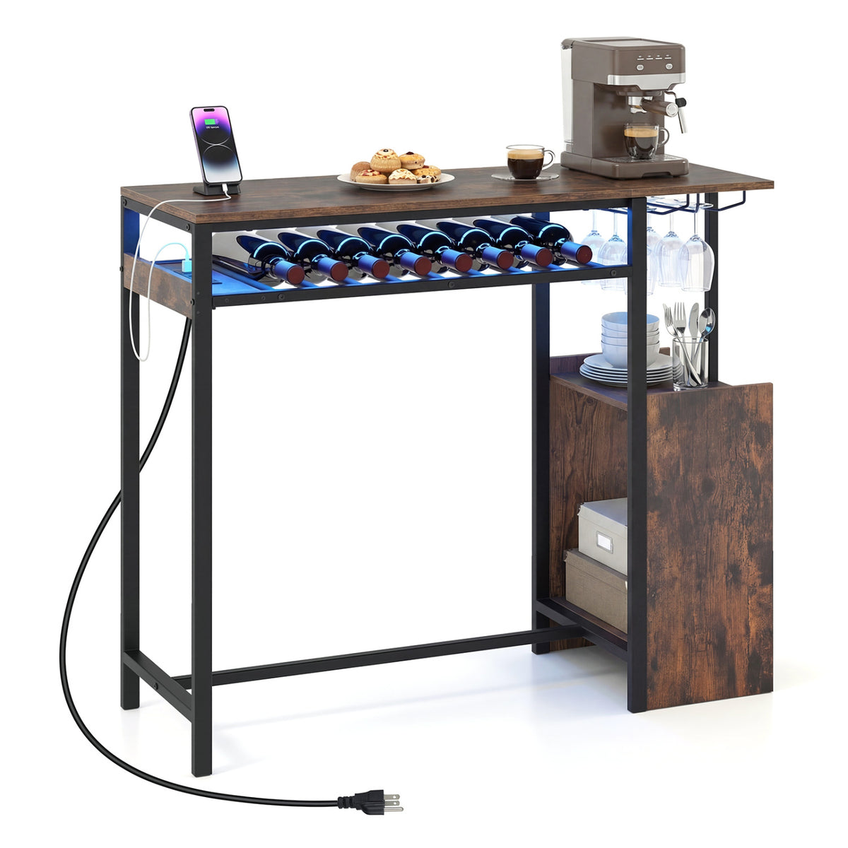 Rectangular Bar Table, Charging Station, LED, Rustic Brown Bar Tables at Gallery Canada