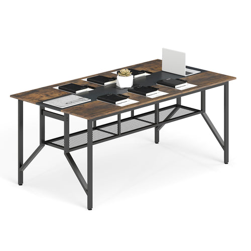 Rectangular Meeting Table with Mesh Storage Shelf and Cable Grommet-GY, Rustic Brown