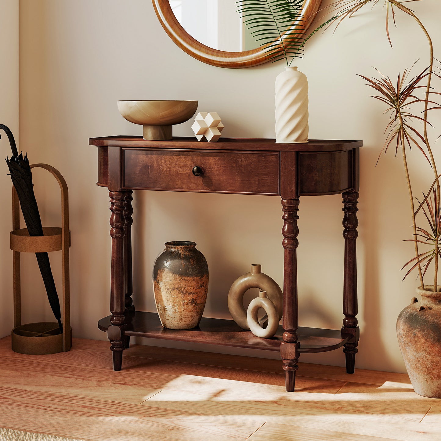 Retro Console Table, 36"L Wooden 2-Tier Narrow, Brown Console Tables at Gallery Canada