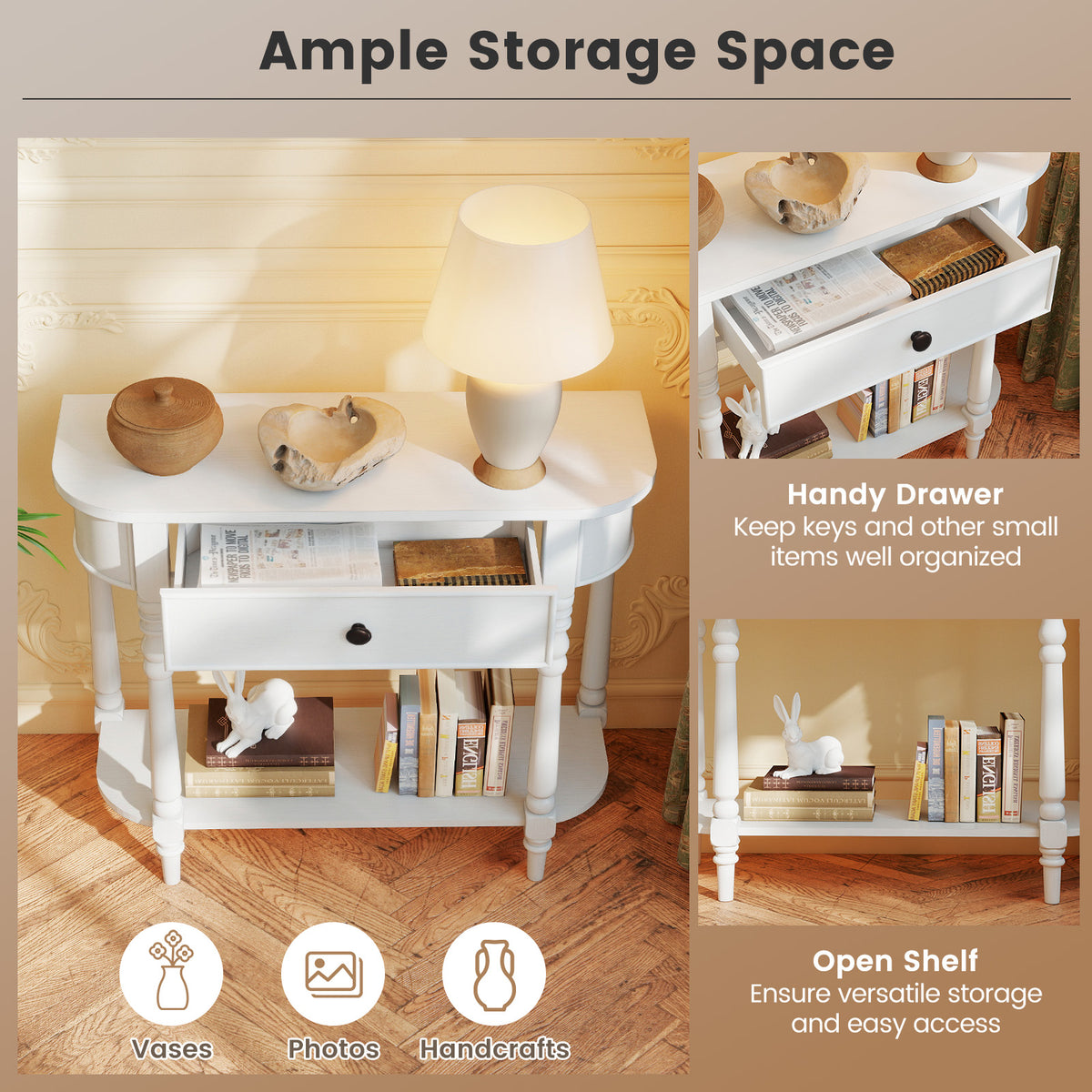 Retro Console Table, 36"L, 2-Tier Narrow Behind Couch, White Console Tables at Gallery Canada