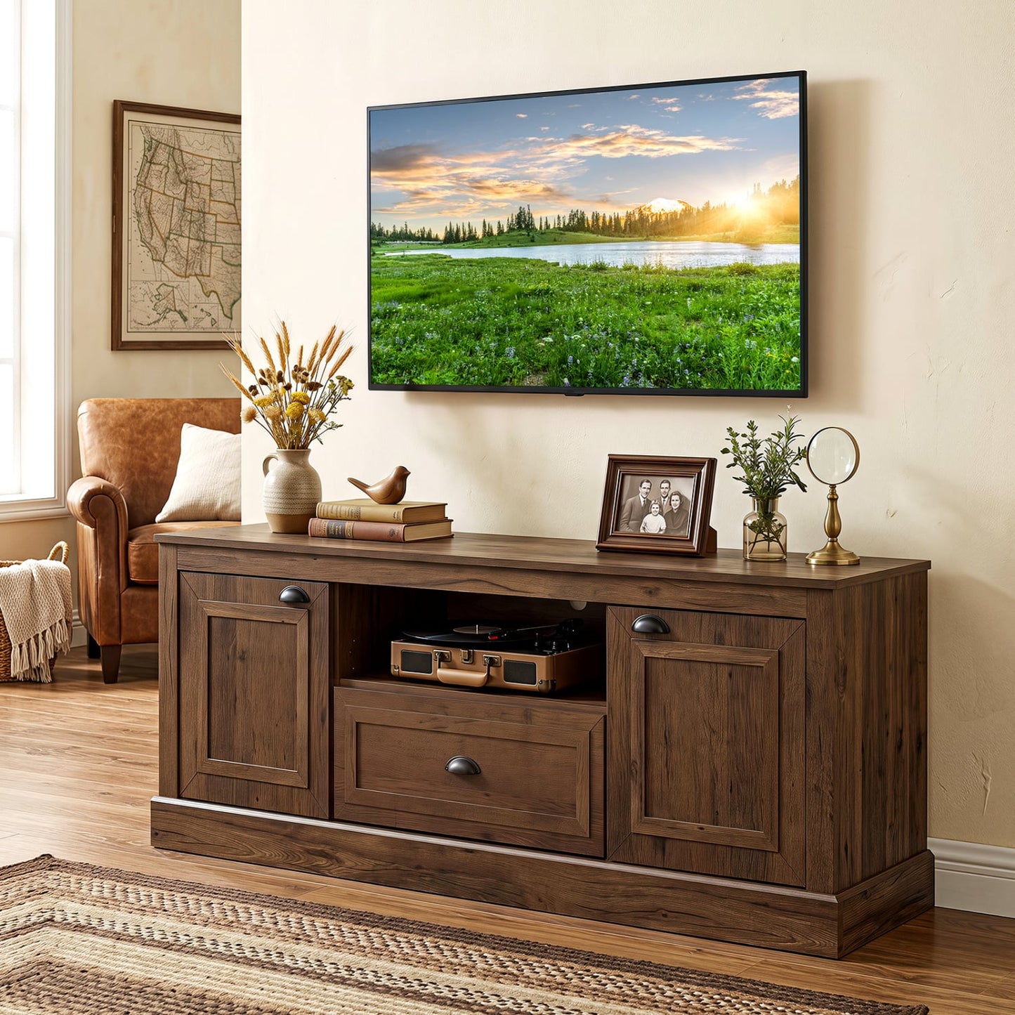 Meuble TV de ferme rétro pour téléviseurs de 70 pouces, 2 portes, marron