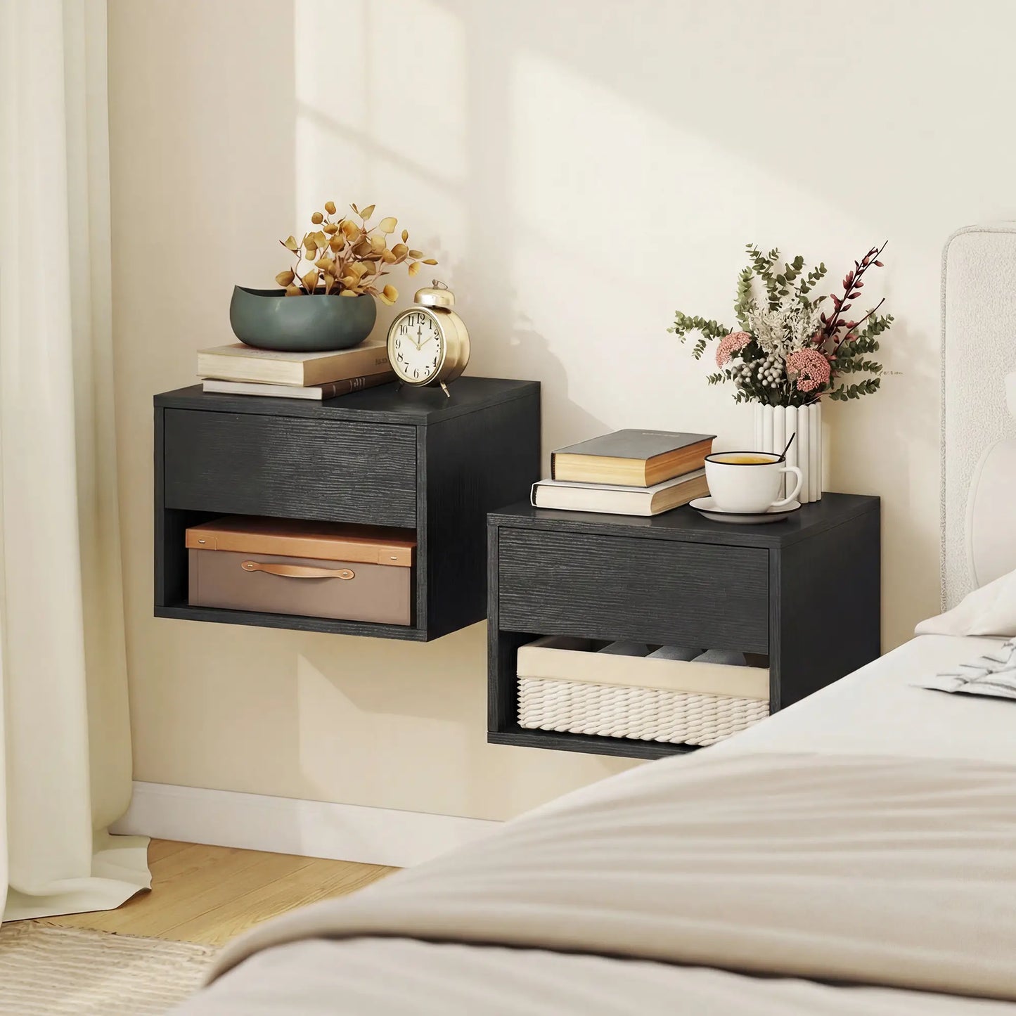 Floating Nightstand Set of 2, Wall Mounted Bedside Table with Drawer, Black Bedside Tables at Gallery Canada