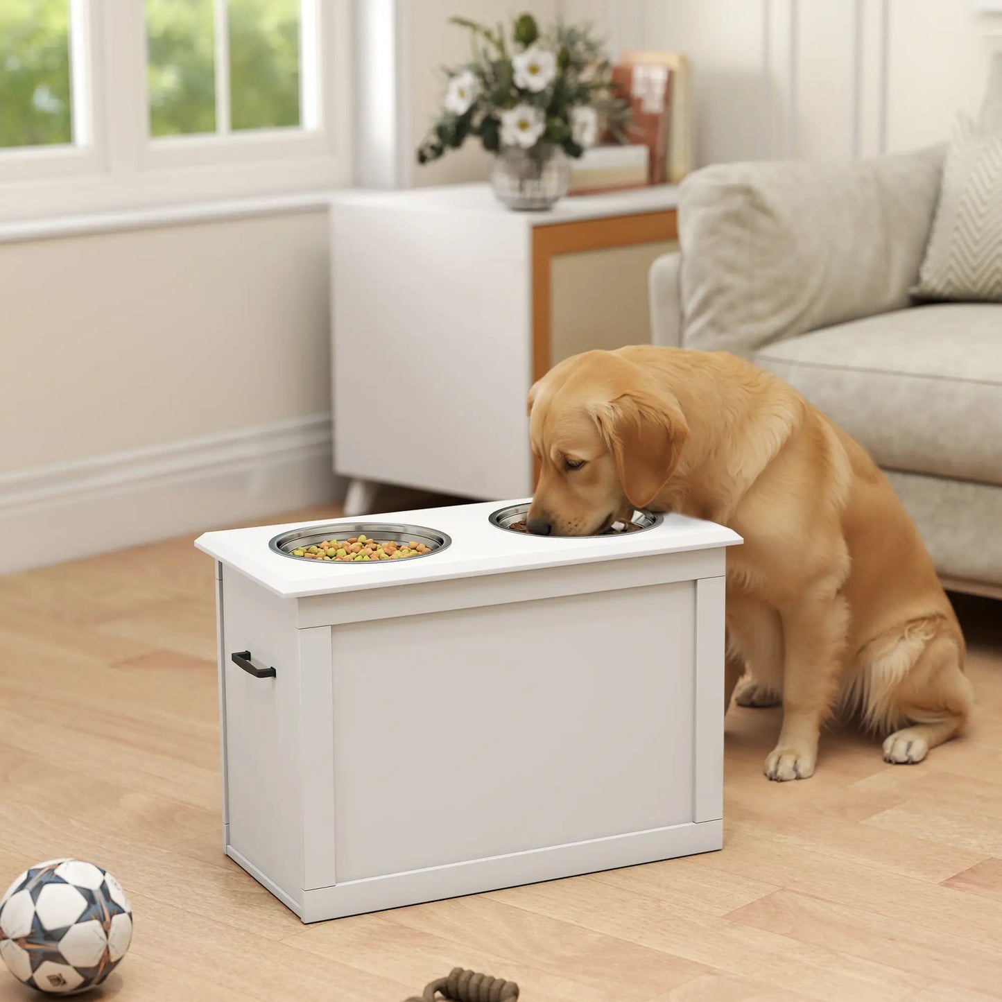 Large Elevated Pet Feeder, 2 Stainless Steel Bowls, White Dog Bowls at Gallery Canada