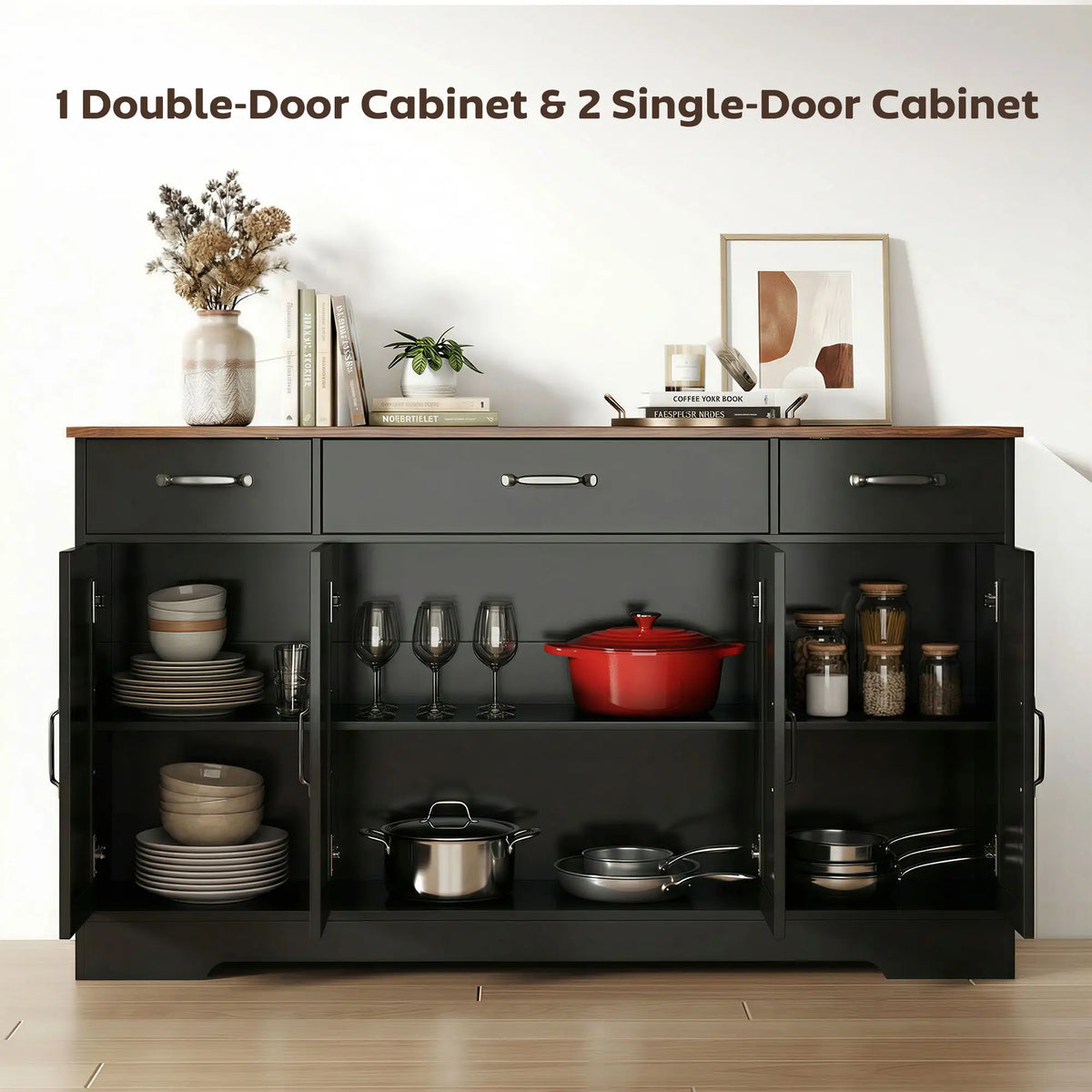 55" Sideboard Buffet Cabinet, Farmhouse Kitchen, 4 Barn Doors, 3 Drawers, Black Bar Cabinets at Gallery Canada
