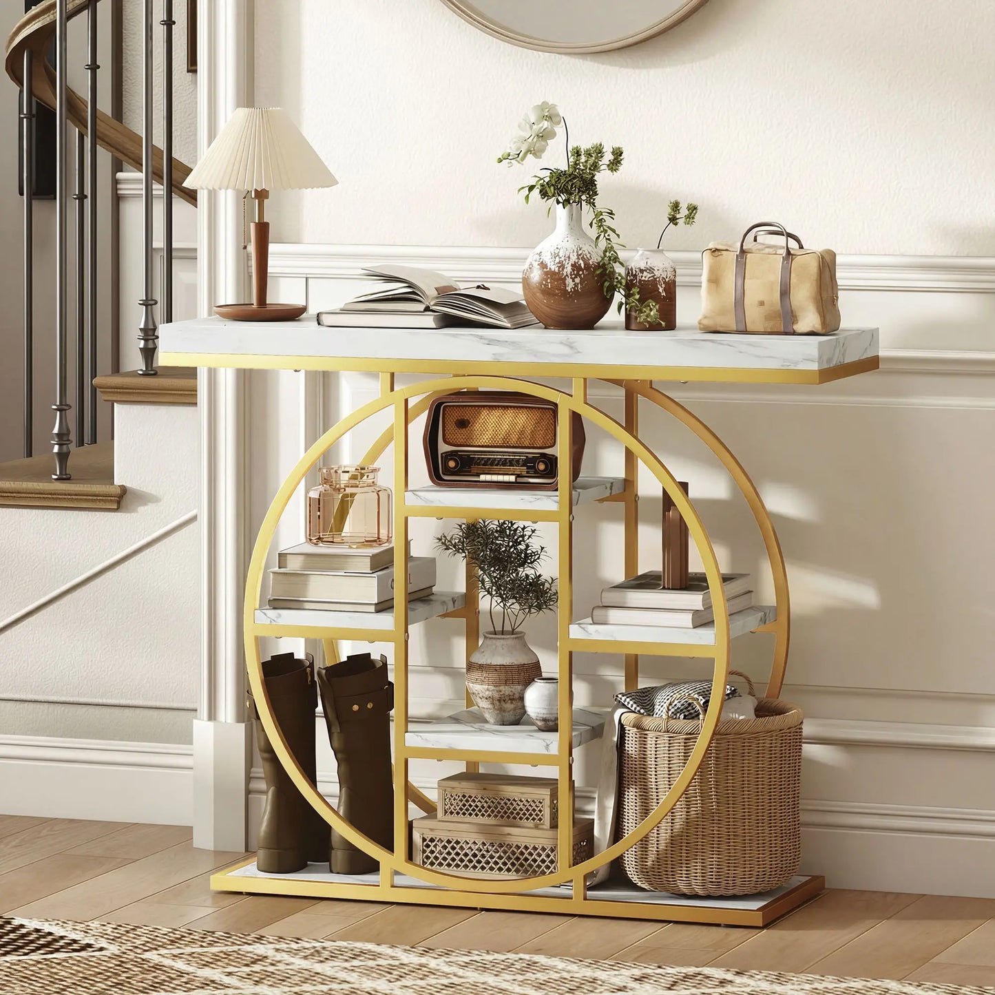 39.4" Console Table With Storage Shelves, White Marble Effect, White Console Tables at Gallery Canada