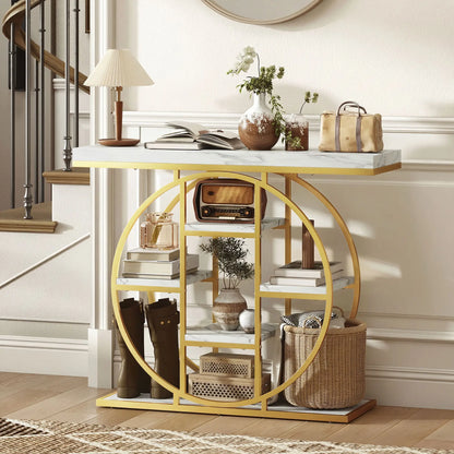 39.4" Console Table With Storage Shelves, White Marble Effect, White Console Tables at Gallery Canada