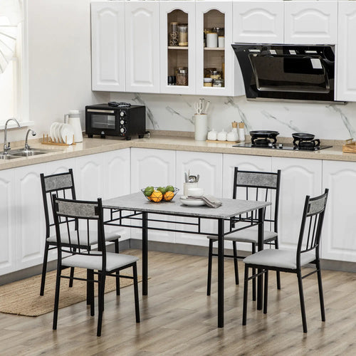 5-Piece Dining Set, Marble Tabletop, Padded Chairs, Metal Frame, Grey