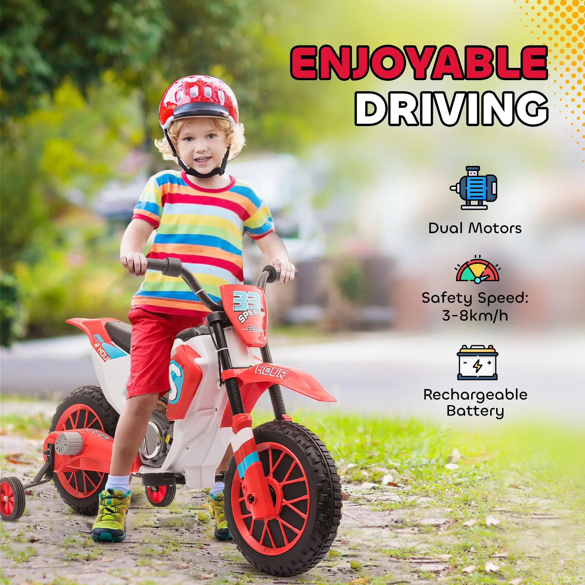 Kids Dirt Bike 12V Battery, Training Wheels, Red Electric Motorcycles at Gallery Canada