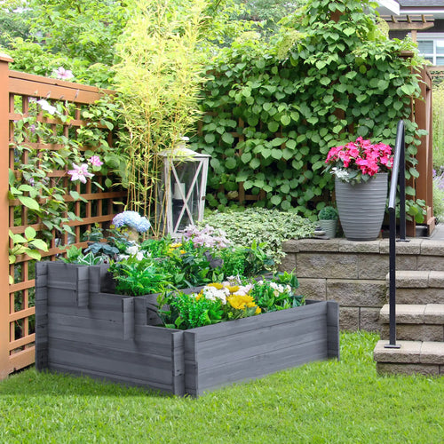 3-Tier Wood Raised Garden Bed, Elevated Planting Box, Gray