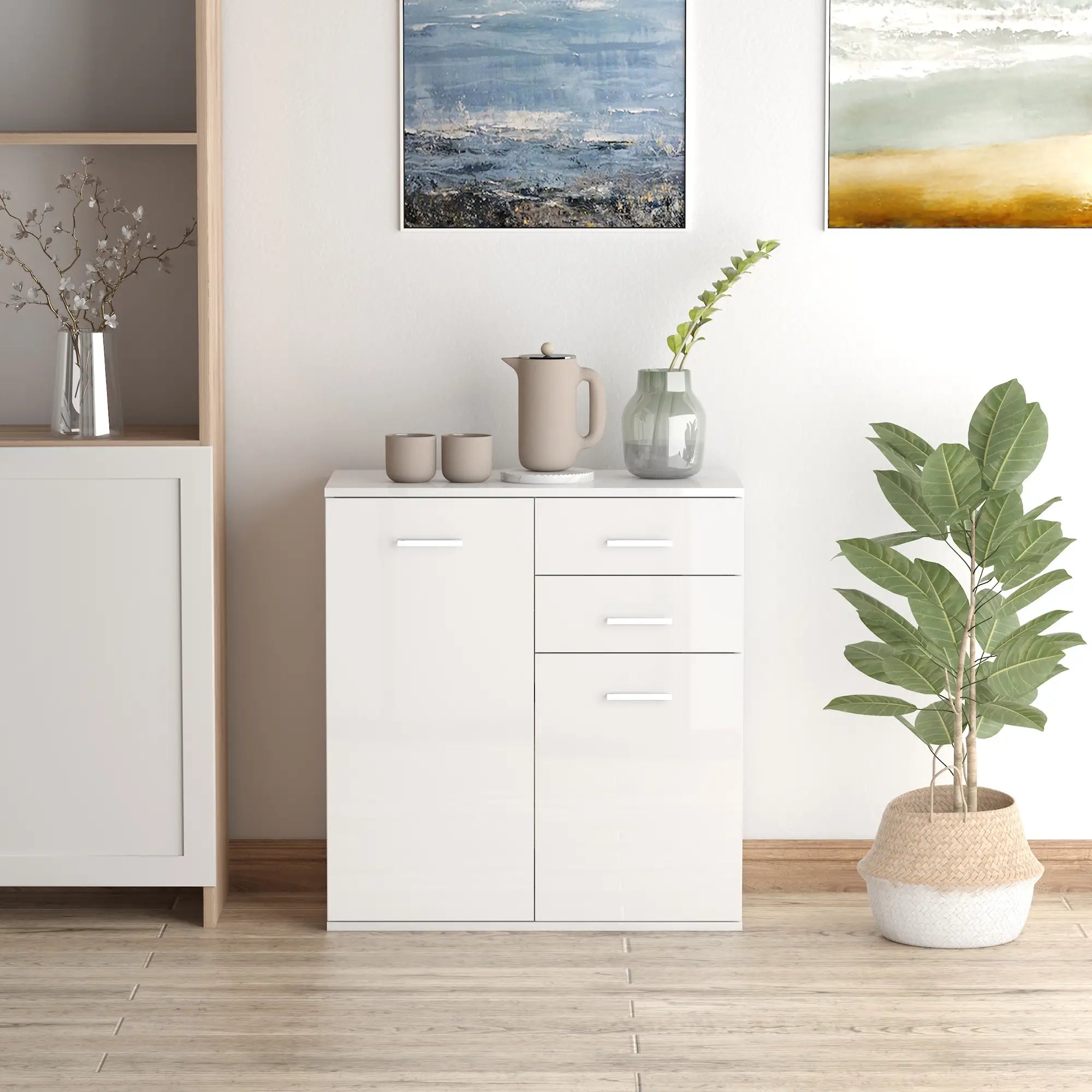 High Gloss Sideboard, 2 Drawers, 2 Doors, Adjustable Shelf, White Storage Cabinets at Gallery Canada