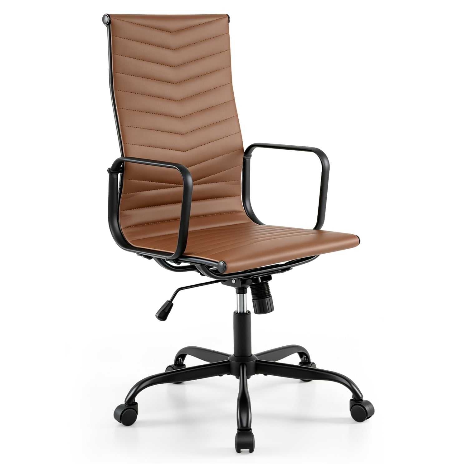 Ribbed High Back PU Leather Office Chair, Adjustable, Brown Office Chairs Brown at Gallery Canada