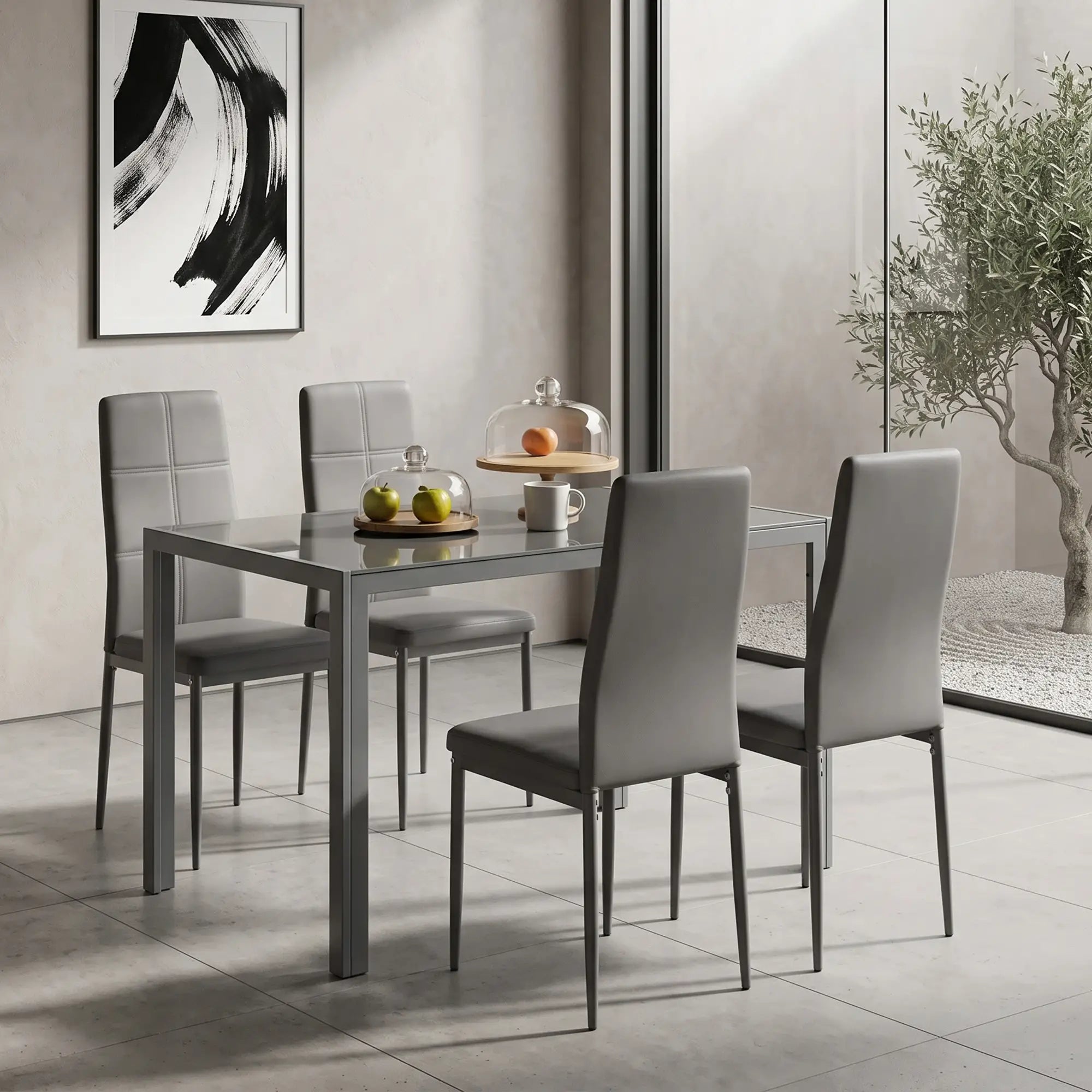 3-Piece Rectangular Glass Dining Table, Metal Frame, Faux Leather Chairs, Grey Bar Sets at Gallery Canada