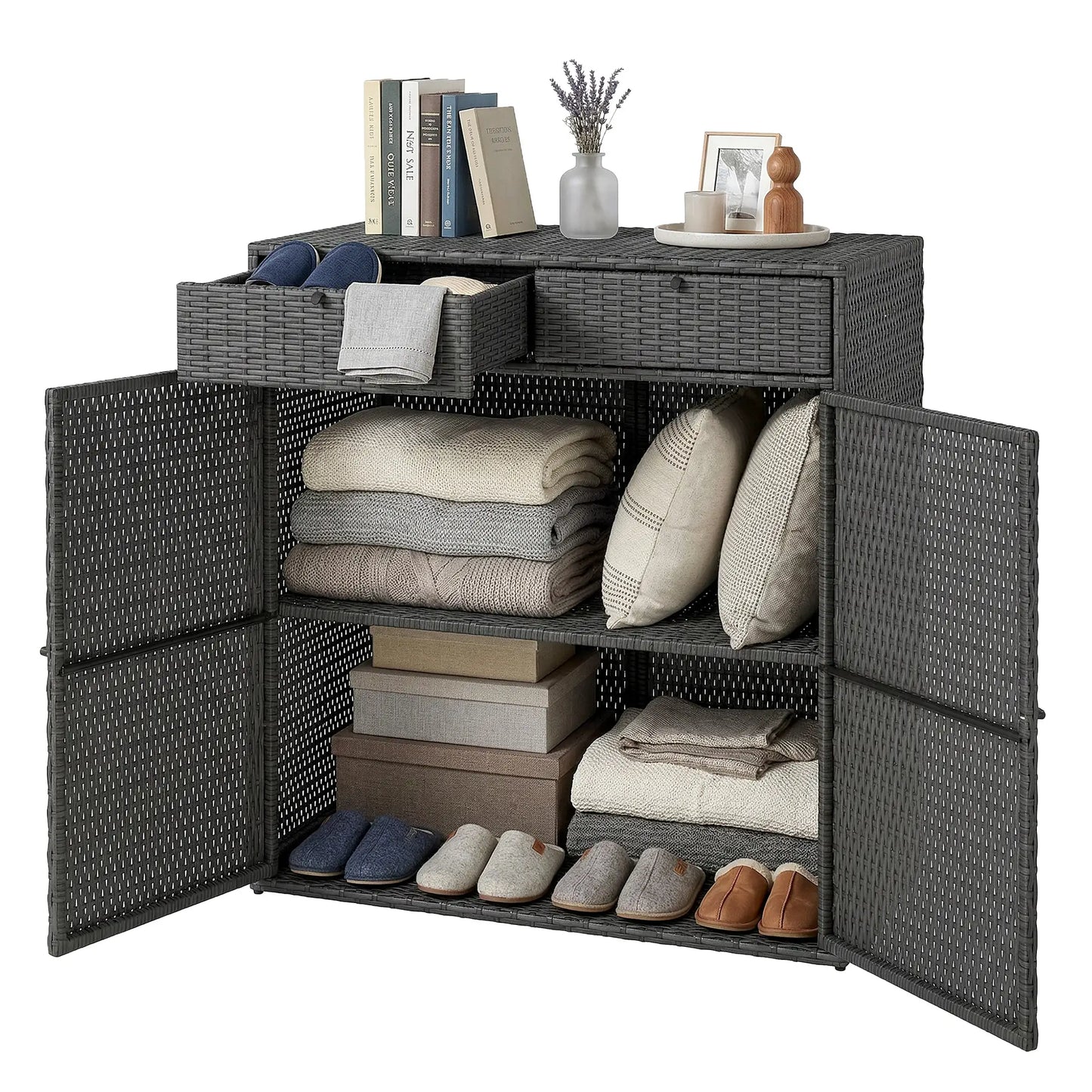 Wicker Outdoor Storage Cabinet, 2 Doors, Drawers, 2-Tier Shelf, Dark Grey Patio Storage Boxes Dark Grey, Black at Gallery Canada