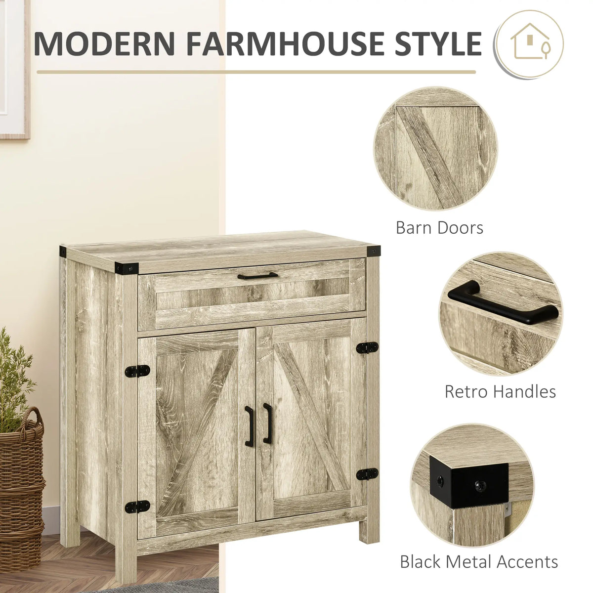 Farmhouse Kitchen Cabinet, Sideboard with 2 Barn Doors, Drawer, Oak Bar Cabinets at Gallery Canada